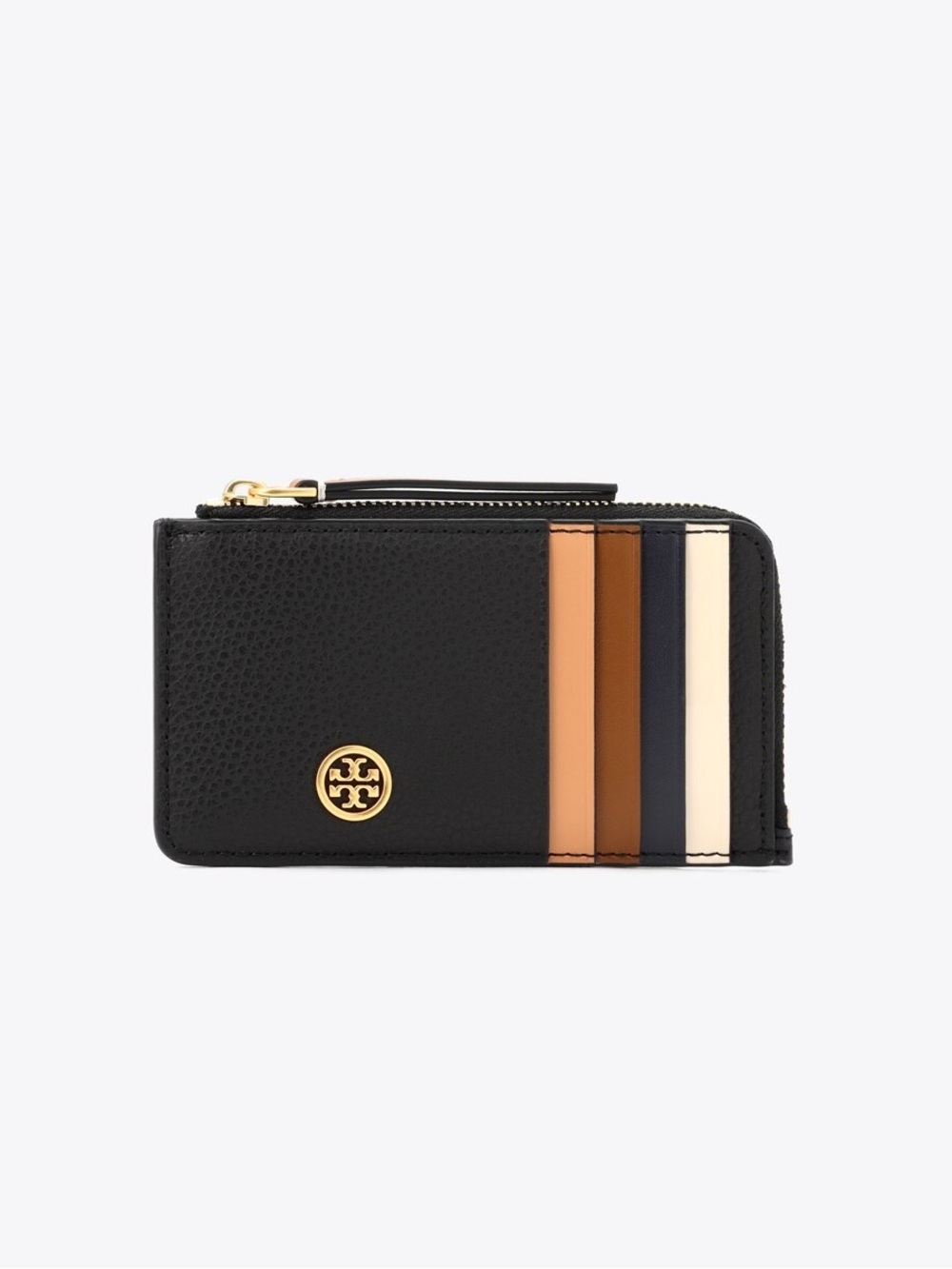 Tory Burch Robinson Pebbled Zip-Top Card Case, Black, Tan, White Colorblock
